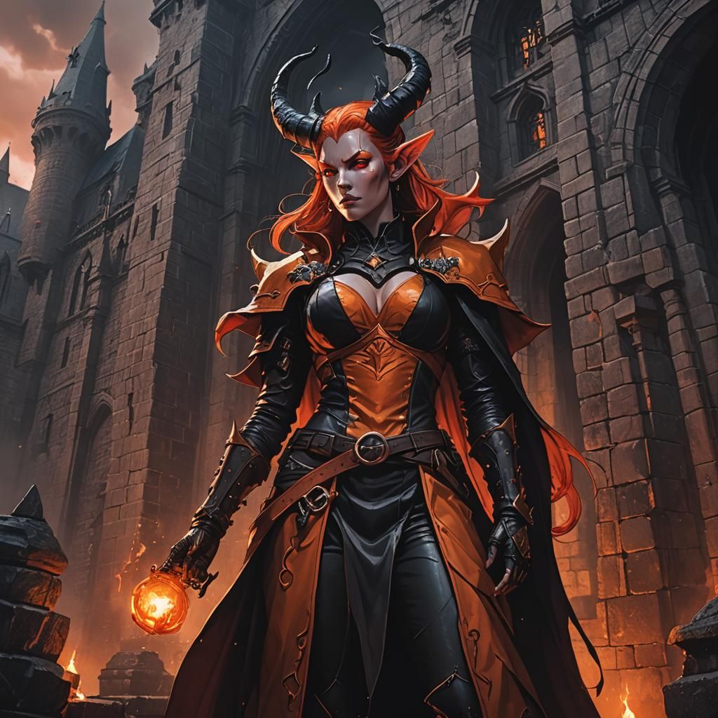 Tiefling Warlock Casting Spell in Anime Style