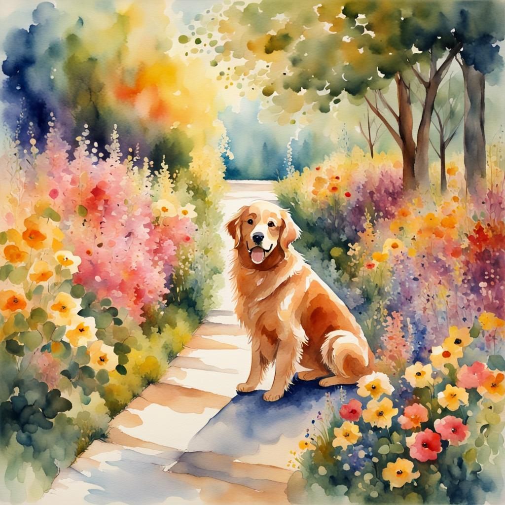 Golden Retriever on Flower Path: Watercolor Art
