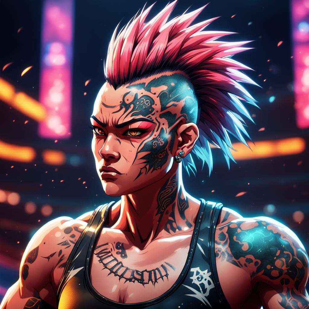 Tattooed Wrestler Flexing in Gritty Anime Art Style