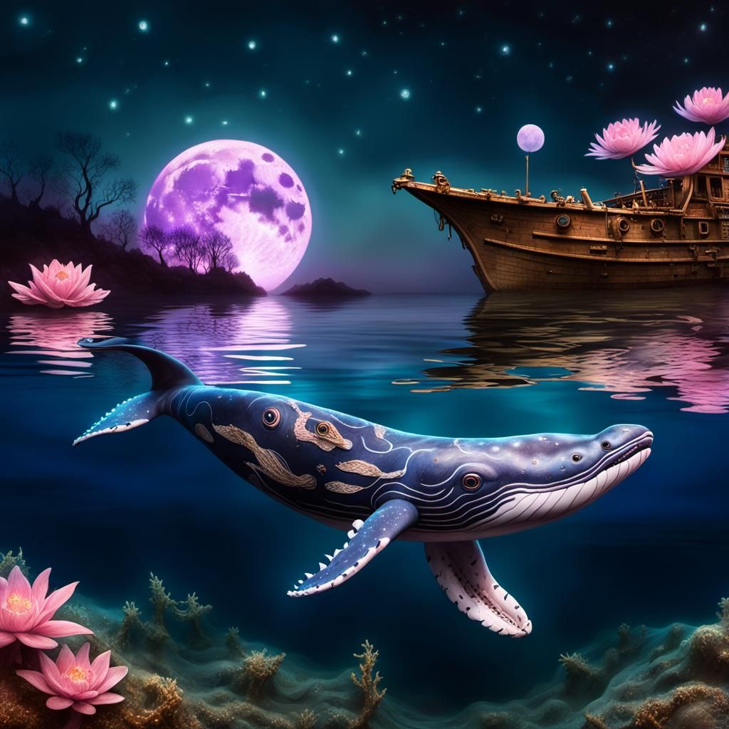 Serpent-Tailed Whale Soaring Through Starry Night