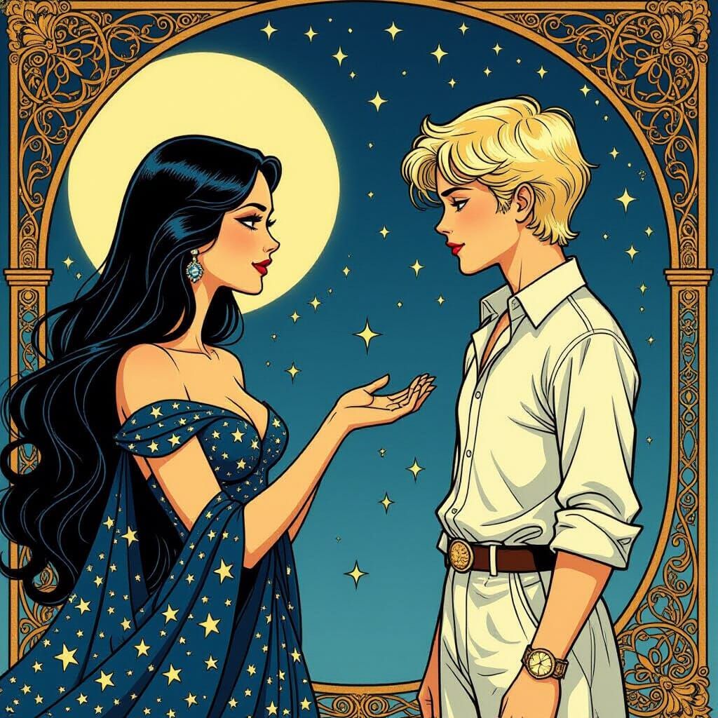 Erté Style Woman of Stars Meets Boy of Light