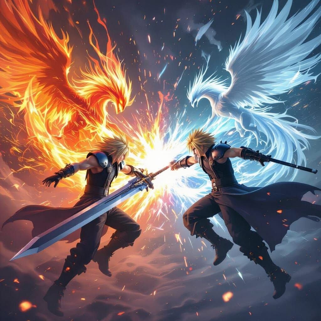 Cloud and Sephiroth in Epic Aerial Battle
