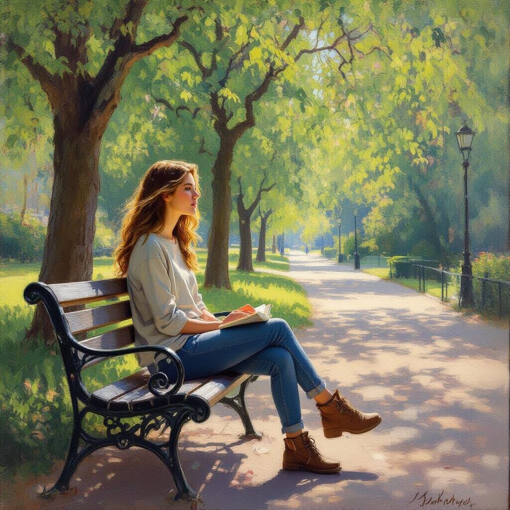 Peaceful Morning Park Scene: Impressionistic Oil Painting