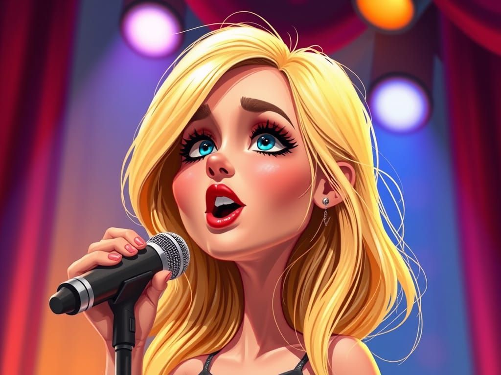 Whimsical Caricature Singer on Stage, Photorealistic Detail