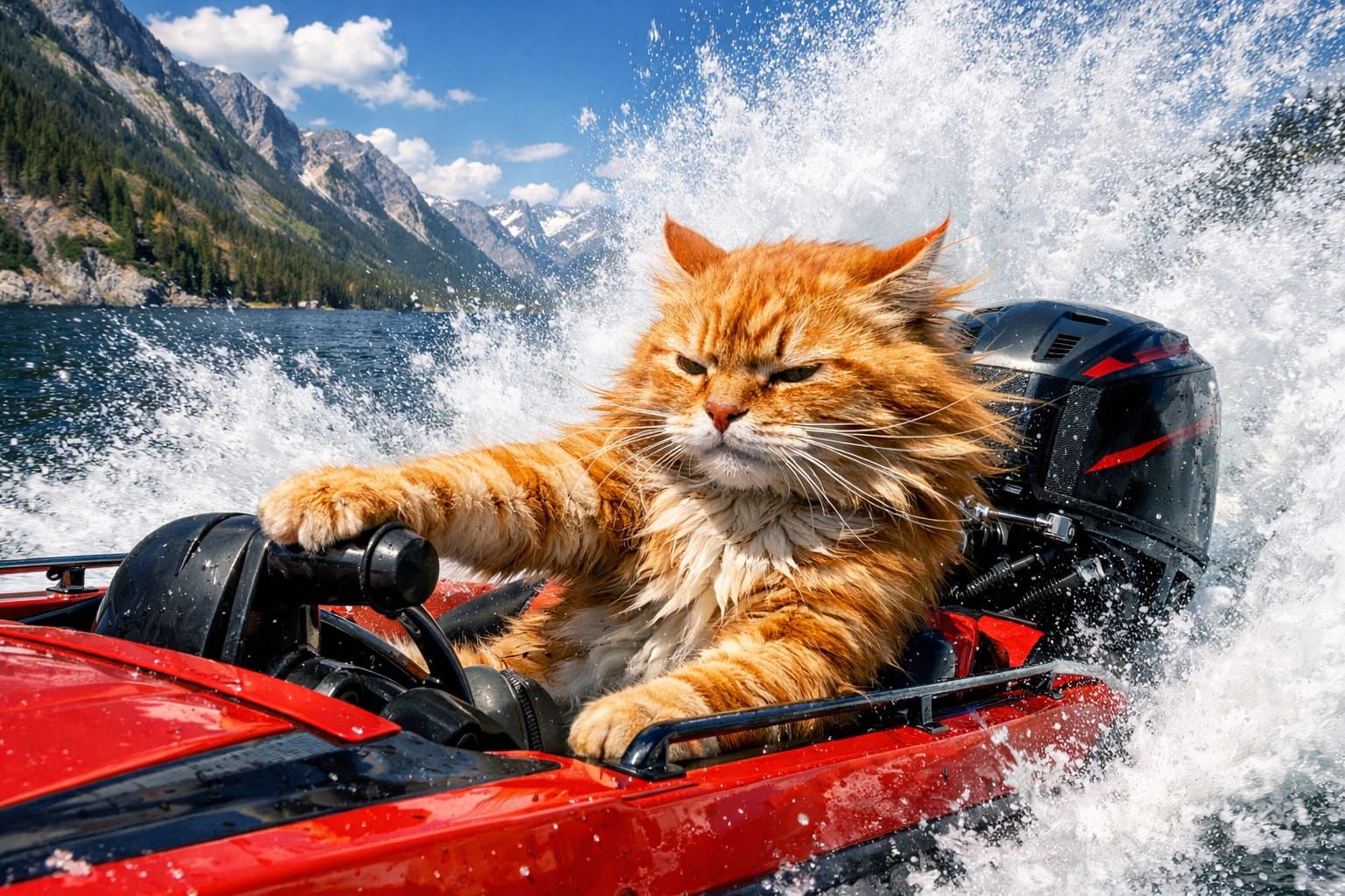 Orange Tabby Cat Races Speedboat on Mountain Lake