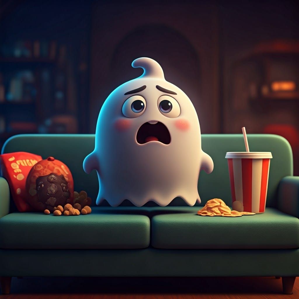 Adorable Ghost Enjoys Horror Movie in Pixar Style