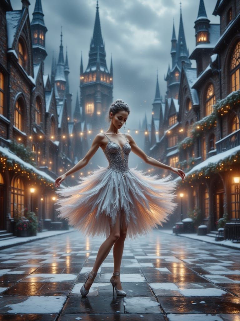 Ballerina in Cathedral Dress on Snow-Covered Plaza
