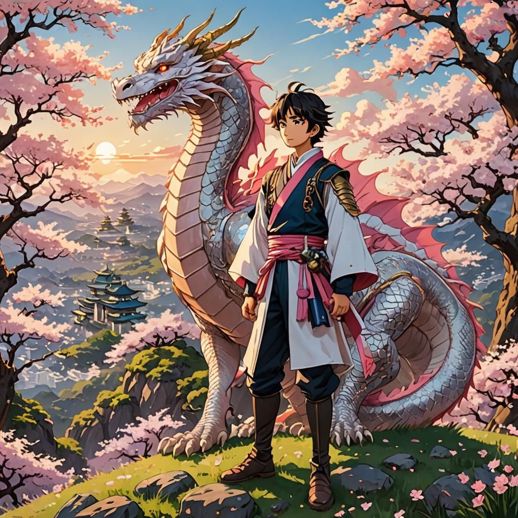 Anime Hero and Dragon in Sakura Landscape