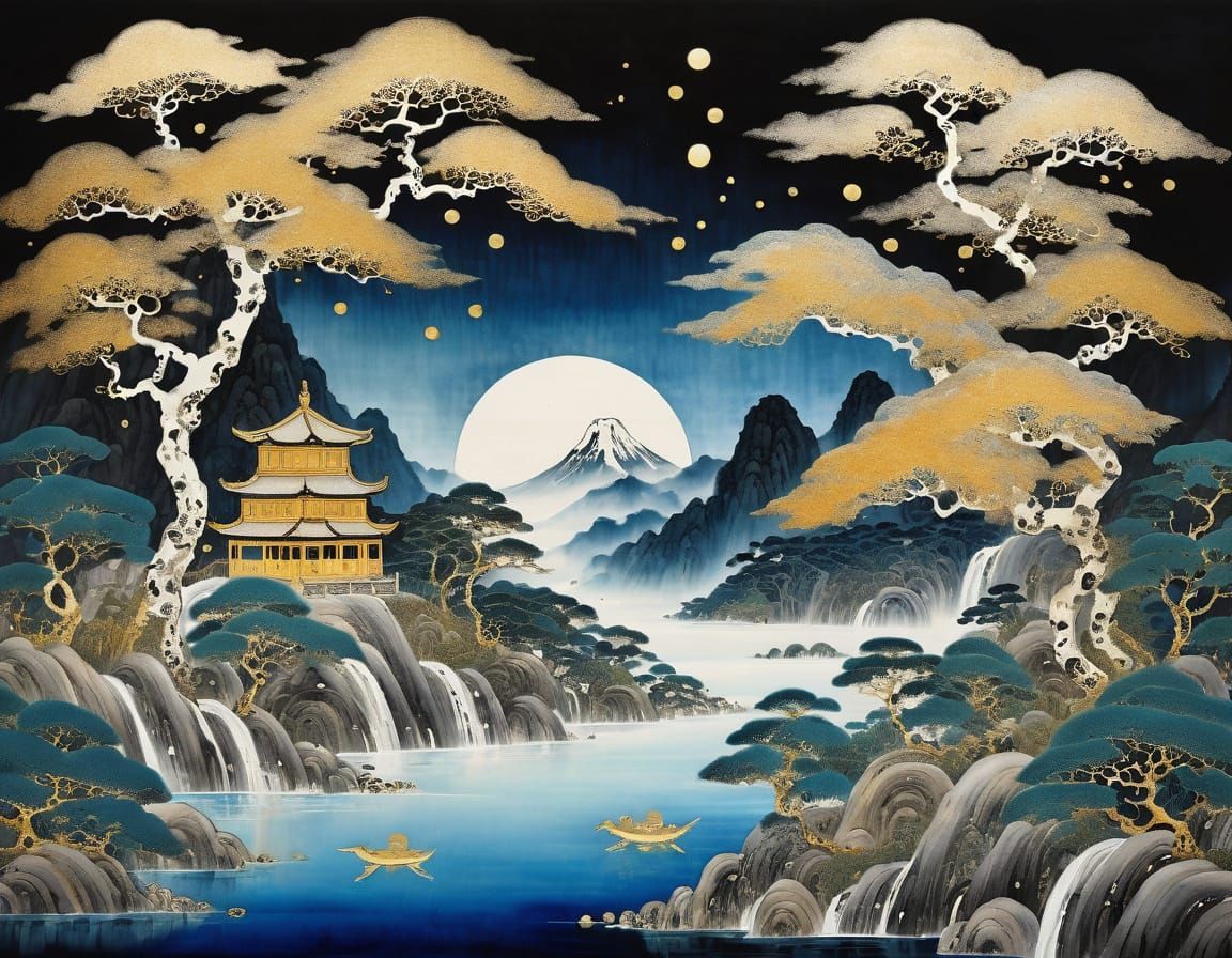 Shan Shui Painting with Klimt Motifs and Mythical Creature