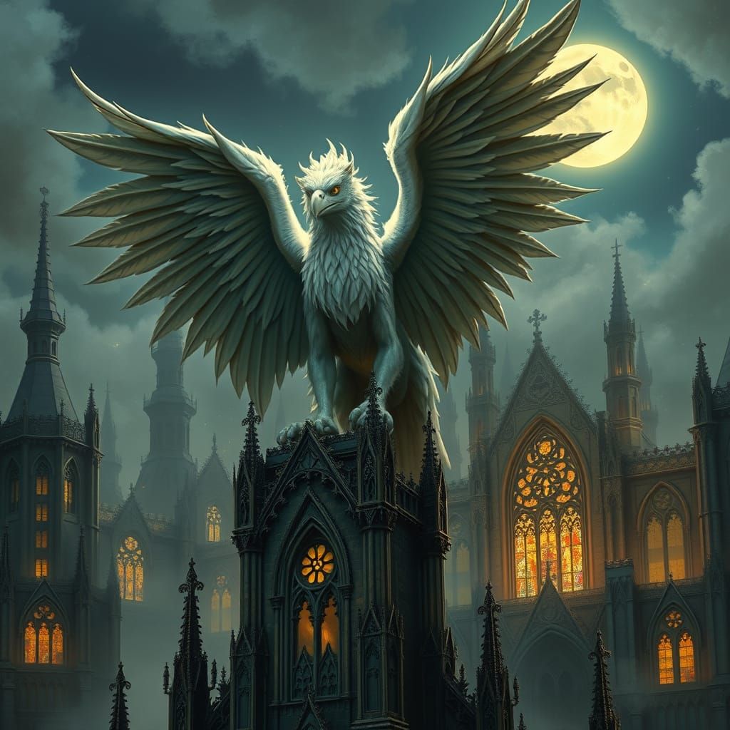 Griffin on Gothic Gargoyle in Dark Fantasy Style