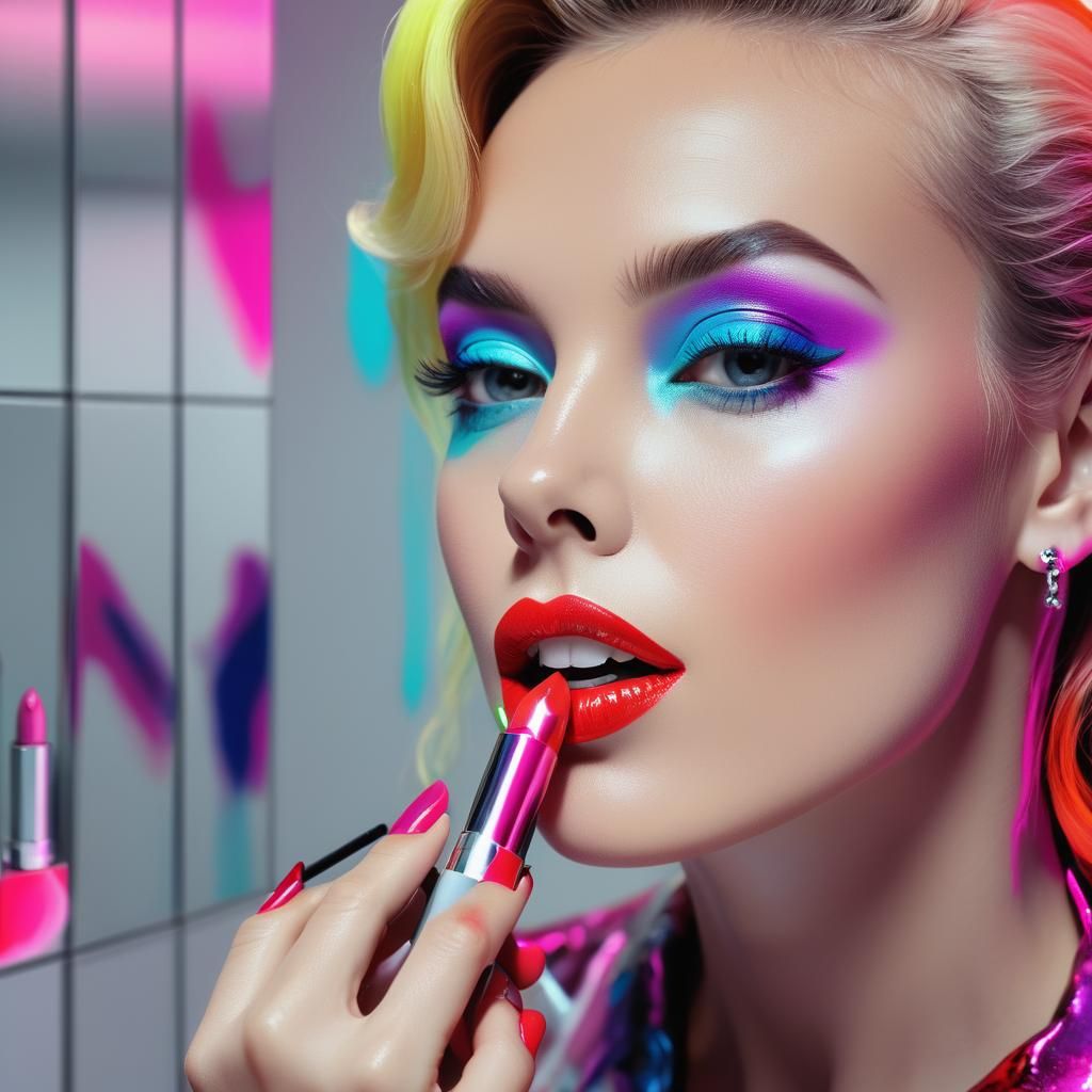 Pop Art Woman Applying Lipstick in Neon Colors