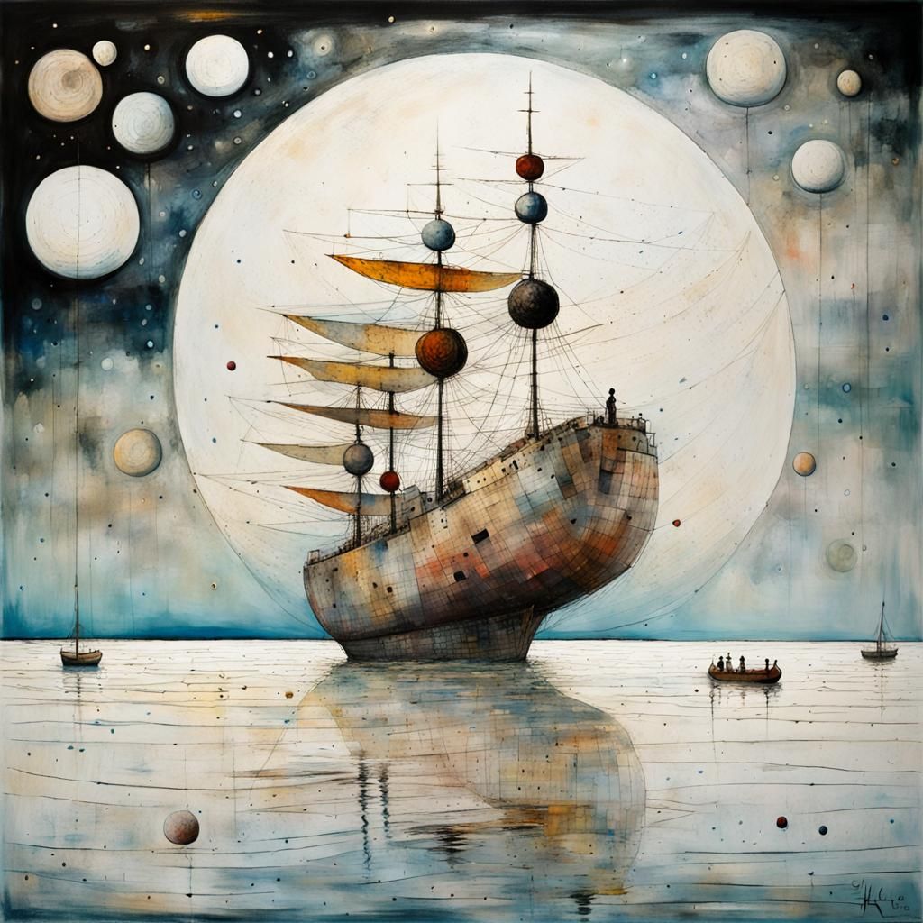 Ship Floating on Ocean in Surrealist Style