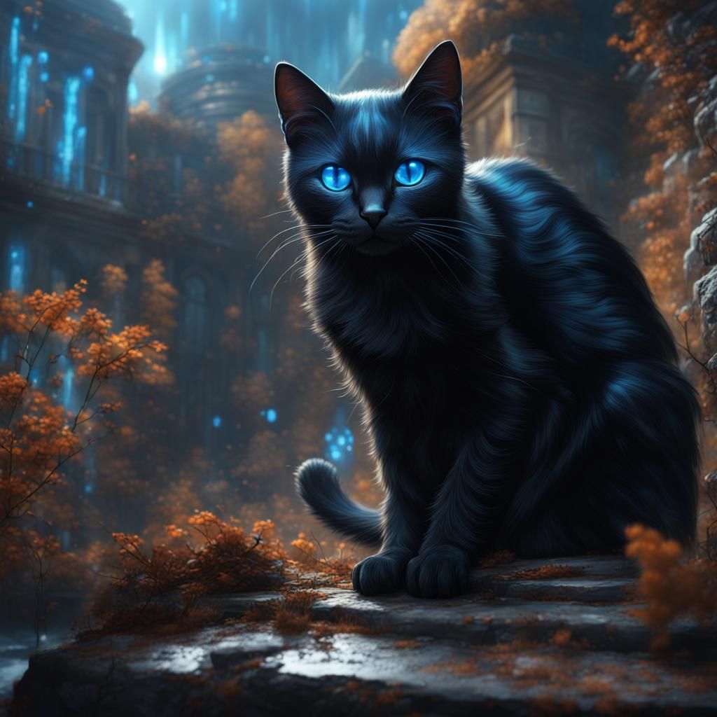 Fantastical Black Cat with Blue Dots