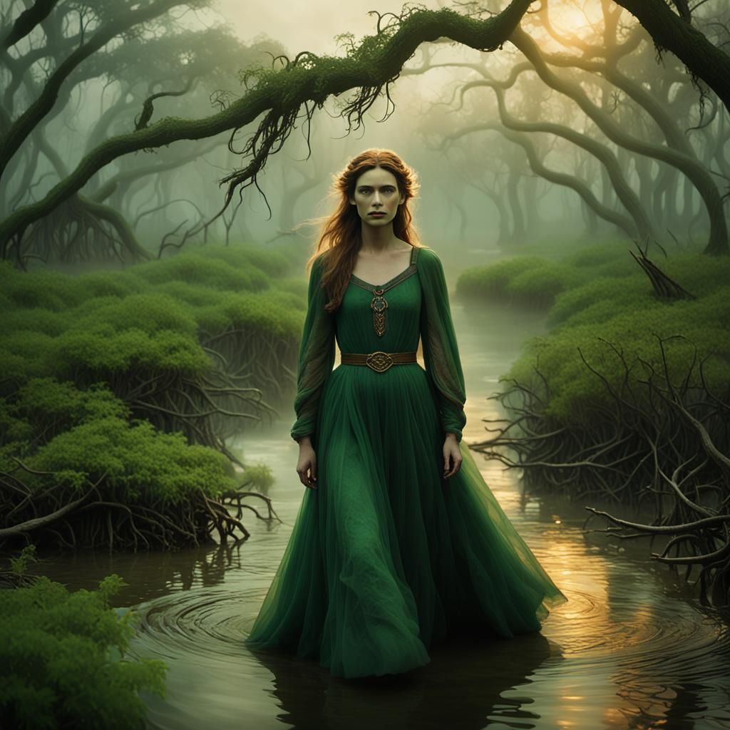 Goddess Rhiannon Emerges from Misty Bog in Film Noir