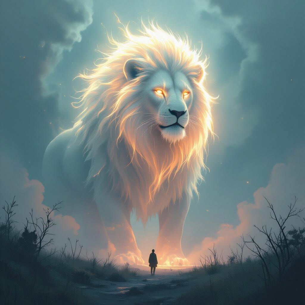Ethereal Spectral Lion in Dreamy Mystical Atmosphere