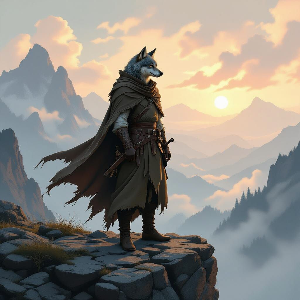Lone Wolf King on Misty Cliff, Atmospheric Landscape