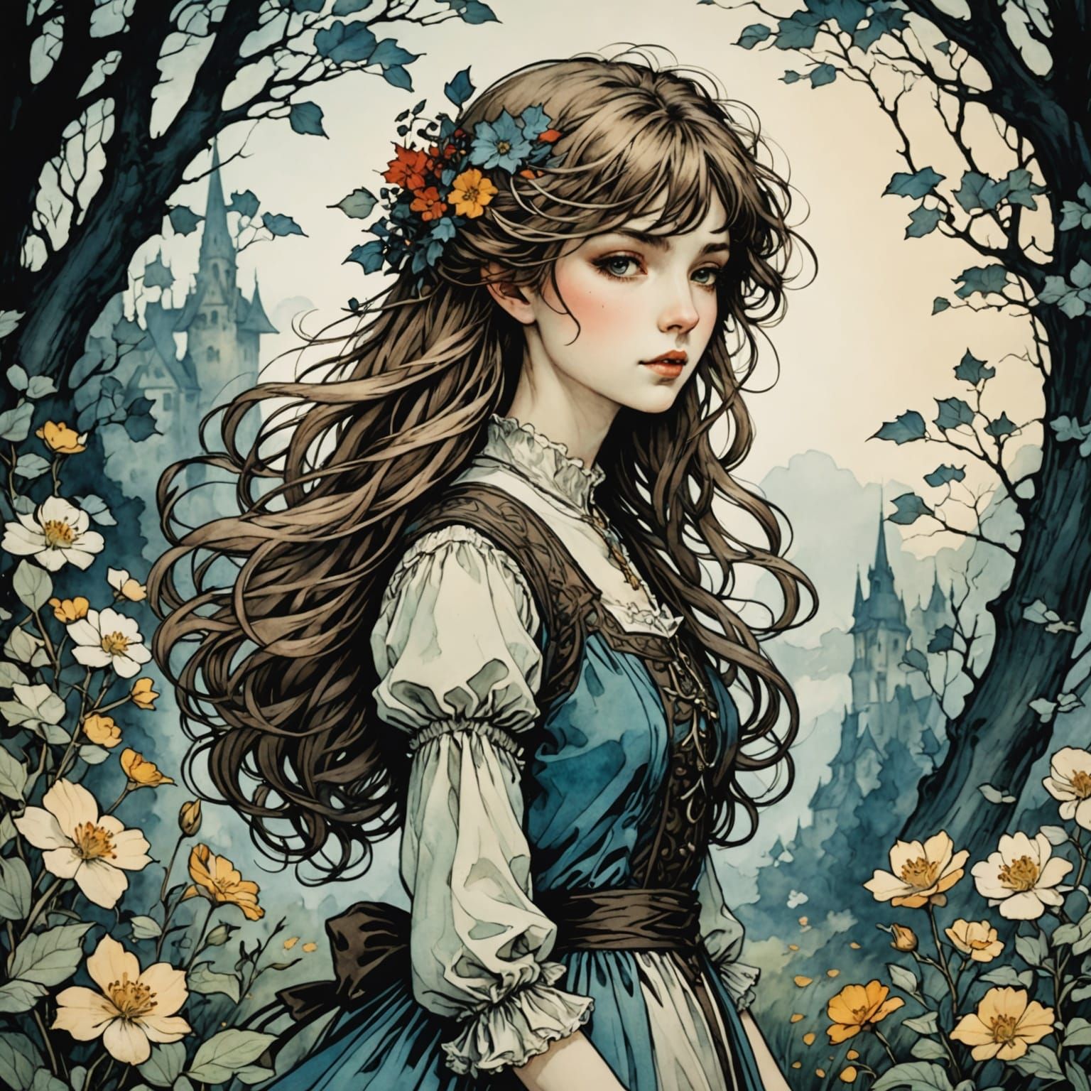 Anime Girl Among Delicate Colorful Flowers in Rackham Style