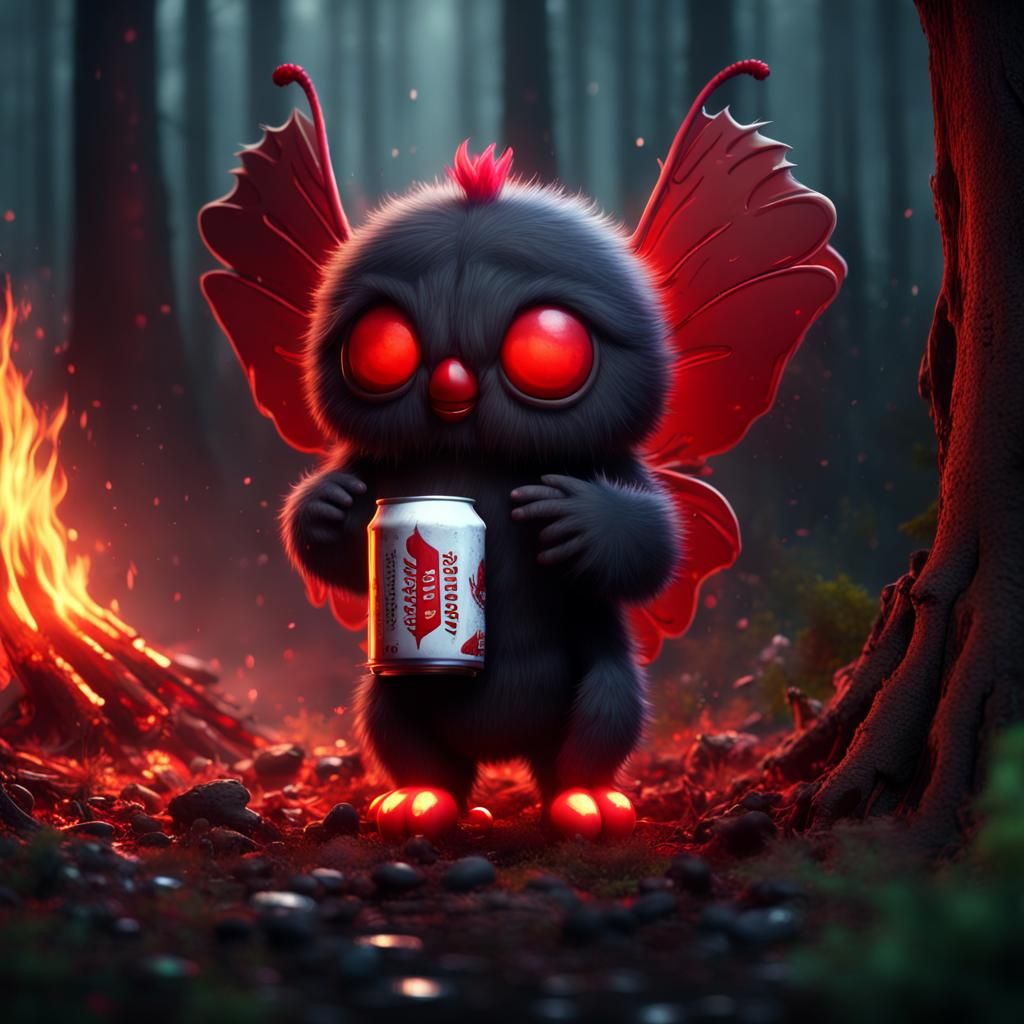 Chibi Mothman Feast in a Neon Moth Rain