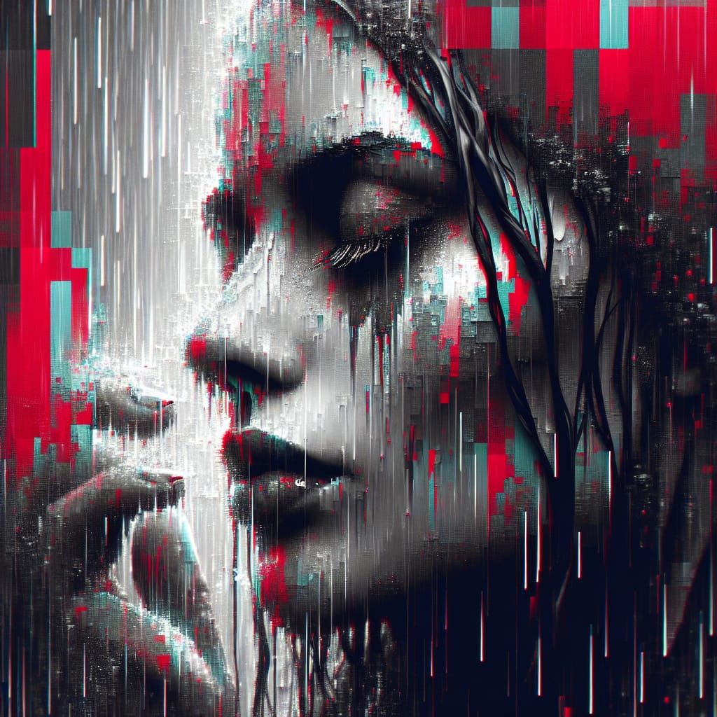 Glitchcore Woman in Rain: Fantasy Concept Art