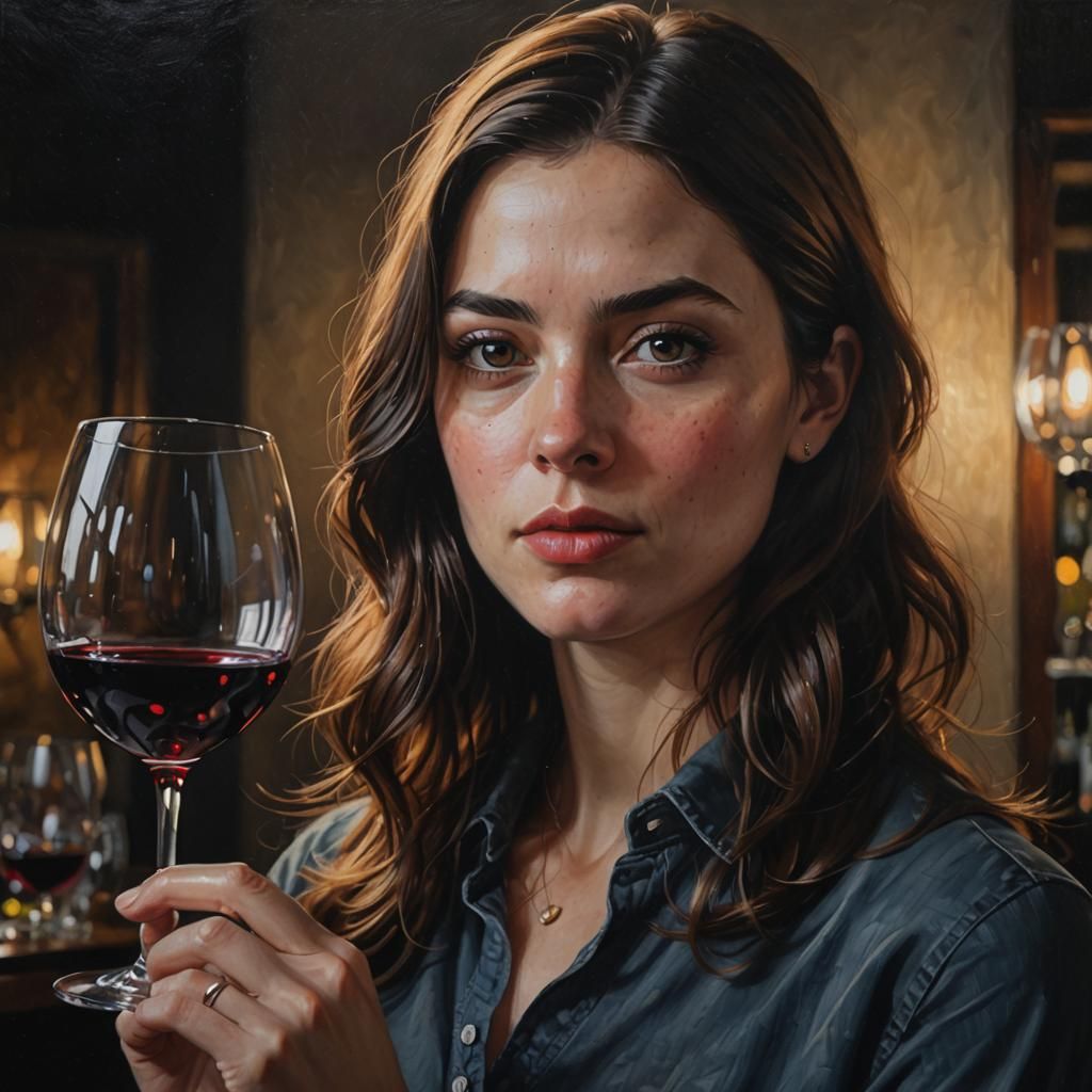 Realistic Portrait of Woman Staring at Wine Glass
