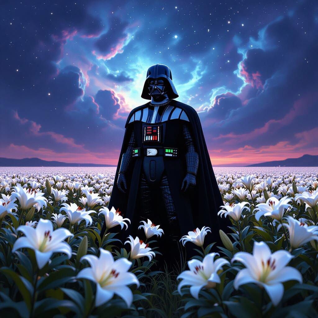 Darth Vader in Lily Field Under Nebula Sky