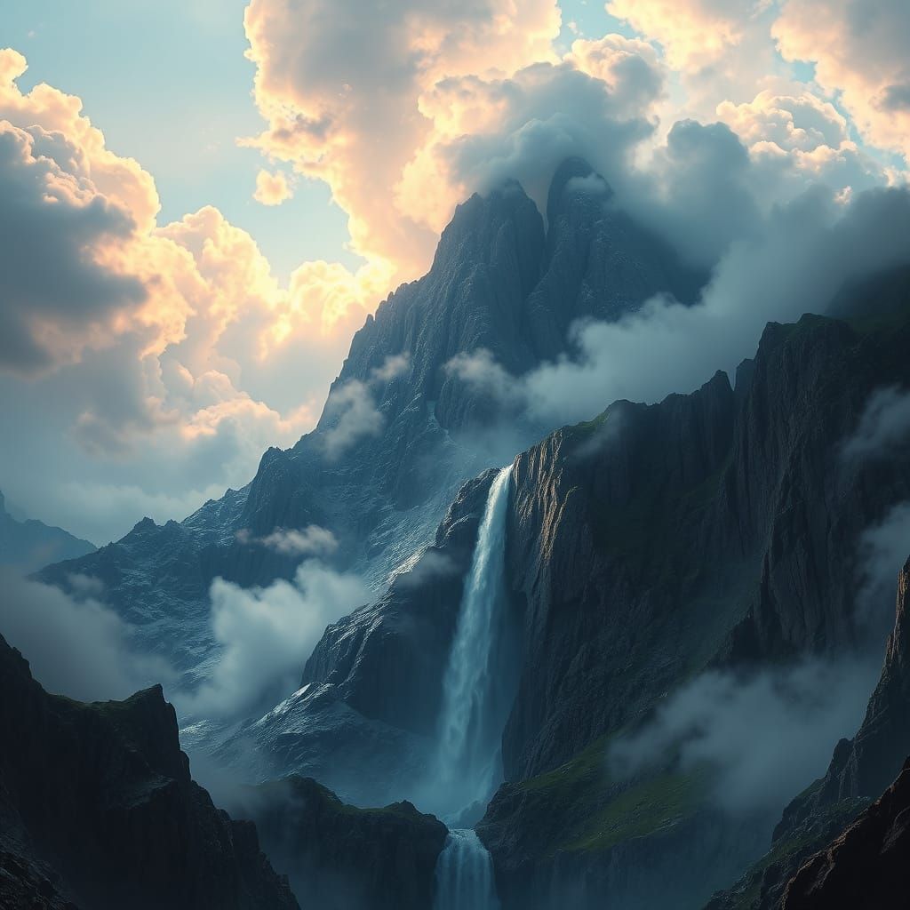 Mystical Mountain Waterfall Digital Matte Painting