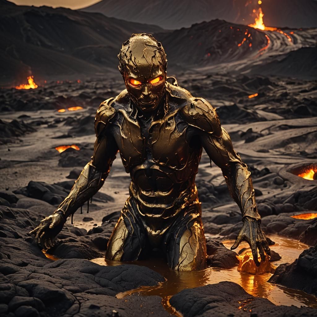 Golden Liquid Merges with Molten Clay in Volcanic Landscape