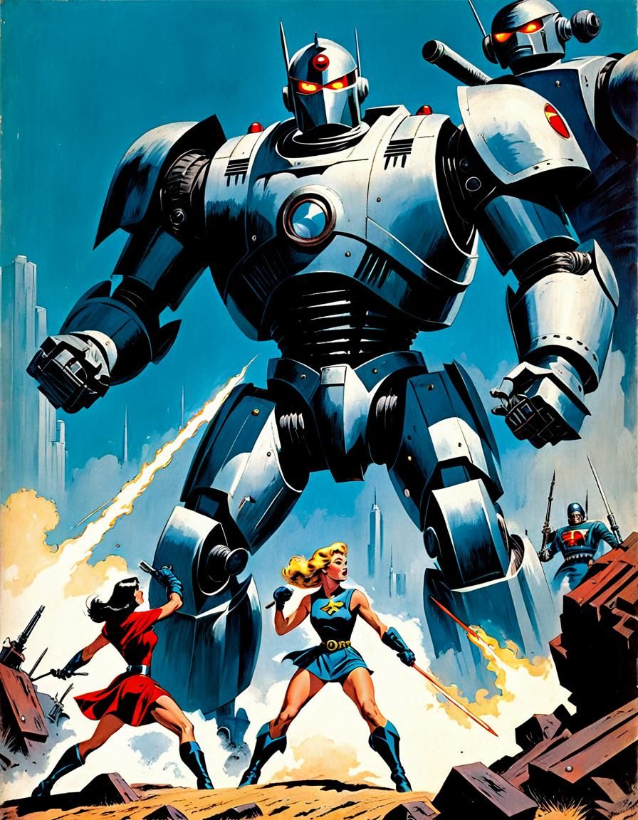 Superhero Team Versus Robot, 1950s Comic Style
