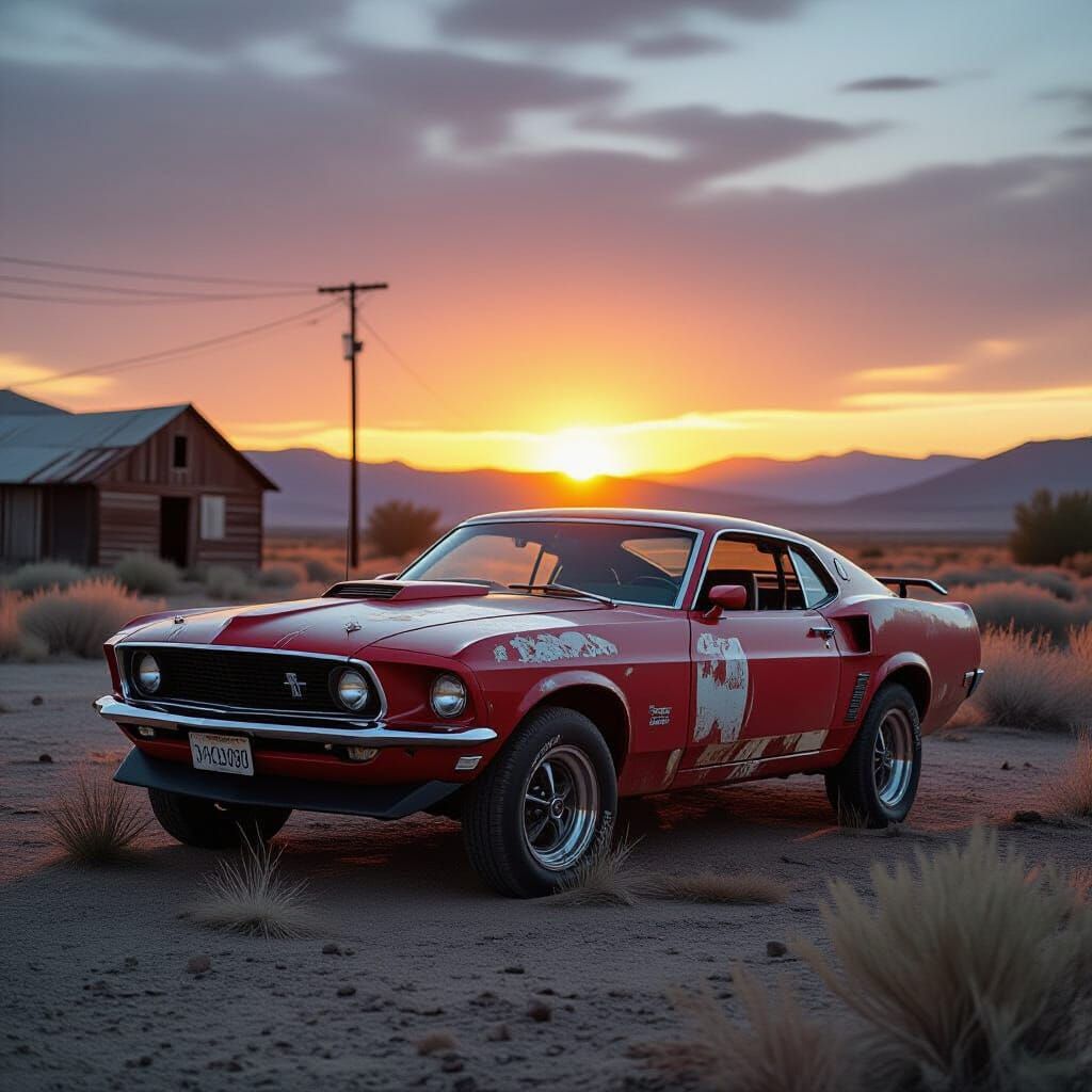 Abandoned 1969 Mustang in Ghost Town Sunset