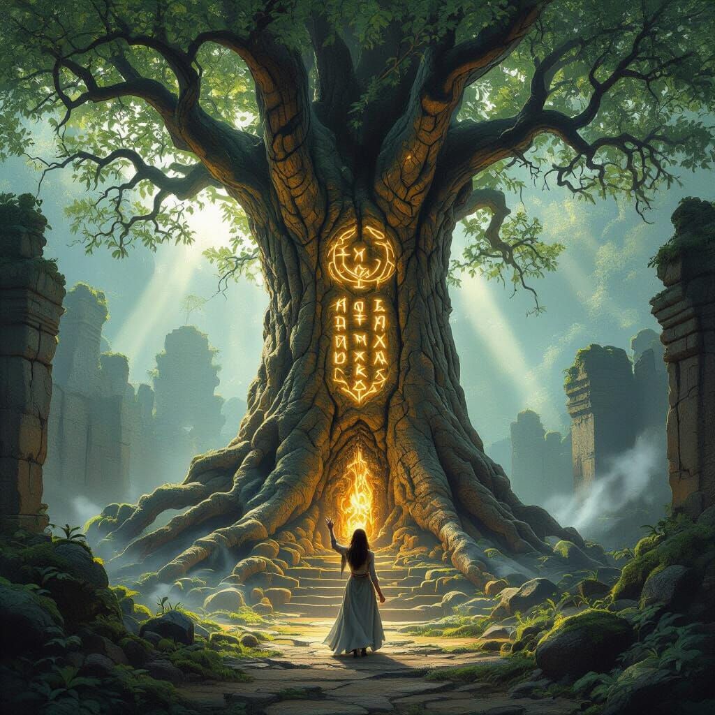 Ancient Tree in Ruined Temple, High Fantasy Art