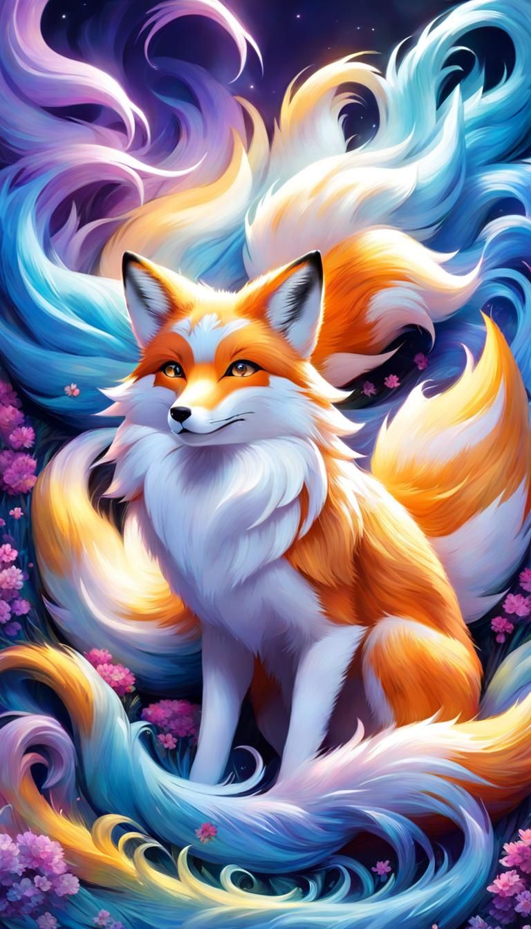 Adorable Nine-Tailed Fox in Ethereal Fantasy Landscape