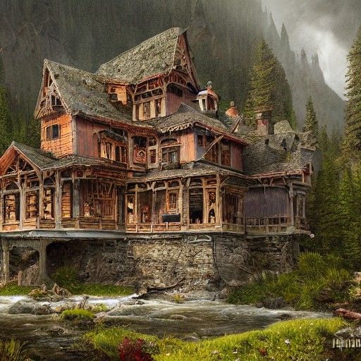 Mountain River House in Studio Ghibli Style