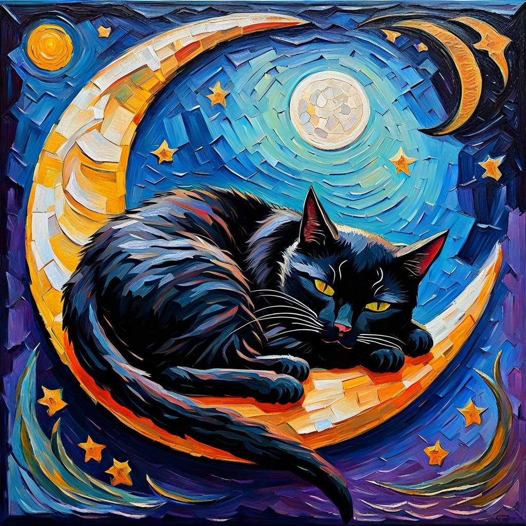 Black Cat Dreaming on Moon in Expressionist Oil Painting
