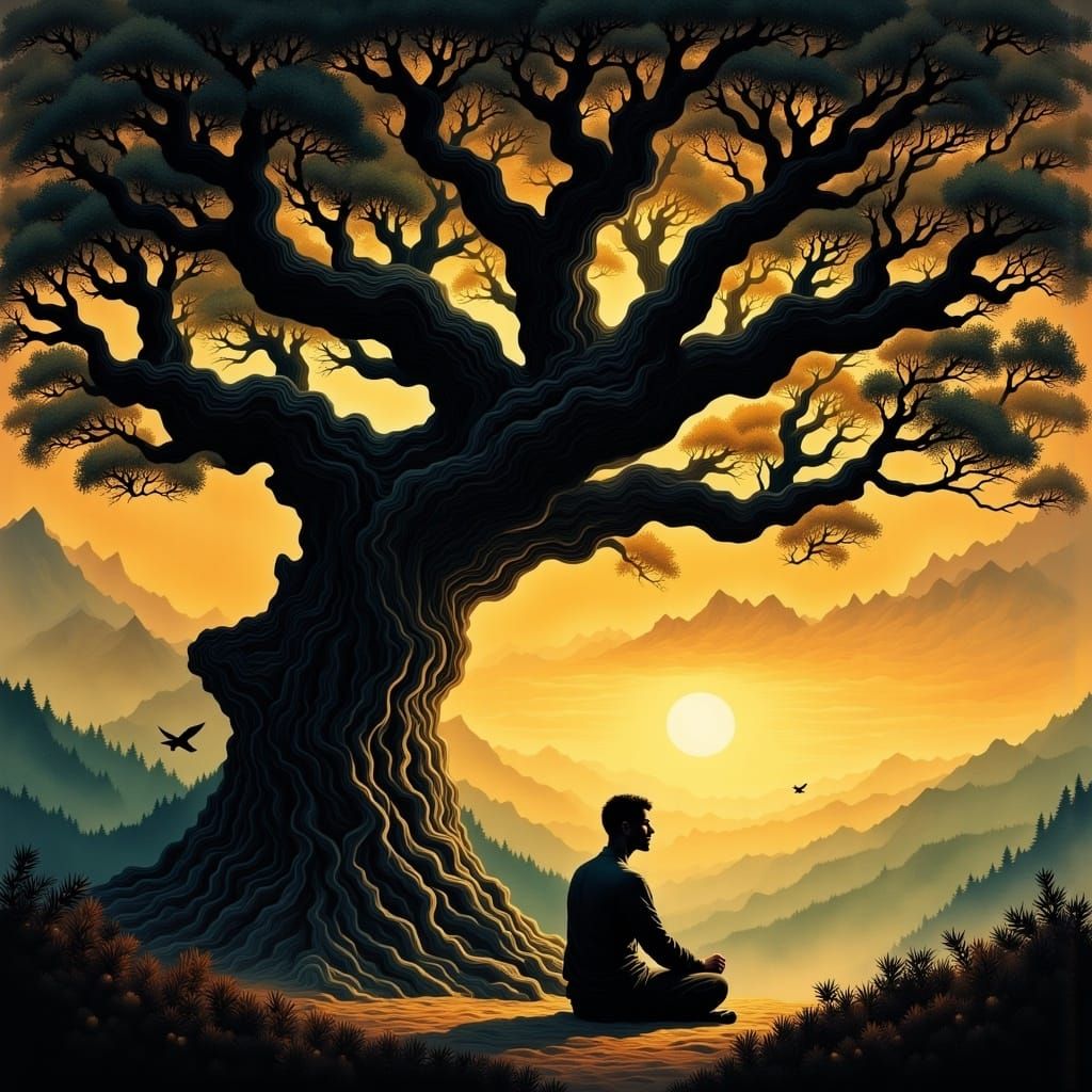 Serene Indian Sunset Landscape with Banyan Tree