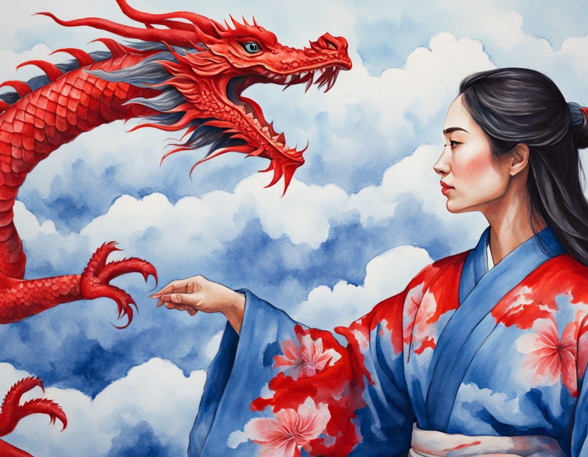 Sumi-e Painting of Woman and Dragon