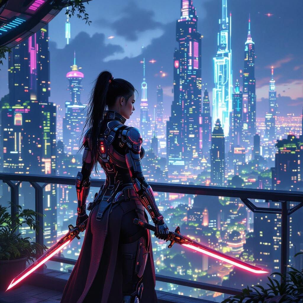 Cyberpunk Solarpunk Warrior with Energy Swords