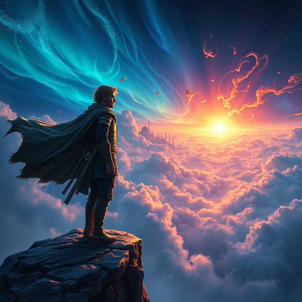 Hero Gazing at Mystical Realm in Digital Art