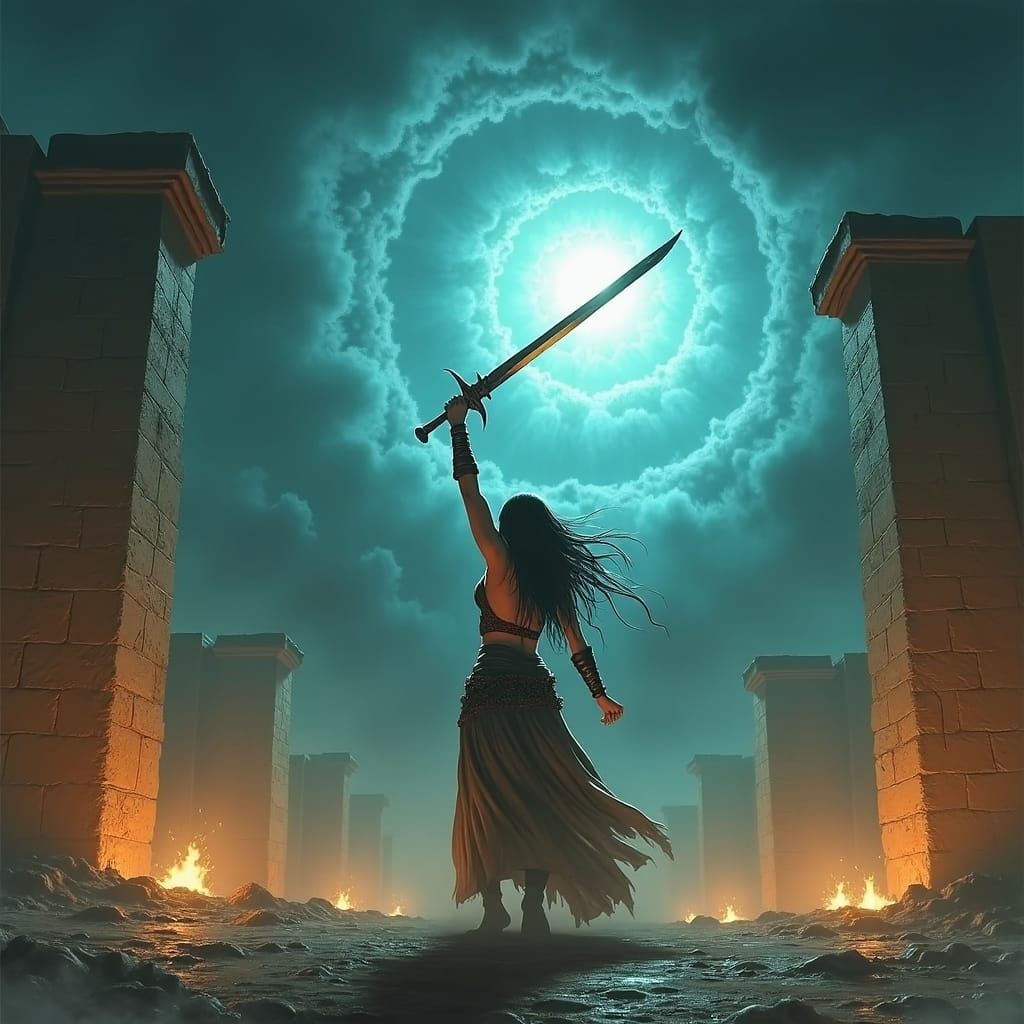 Epic Female Warrior in Dark Fantasy Battle