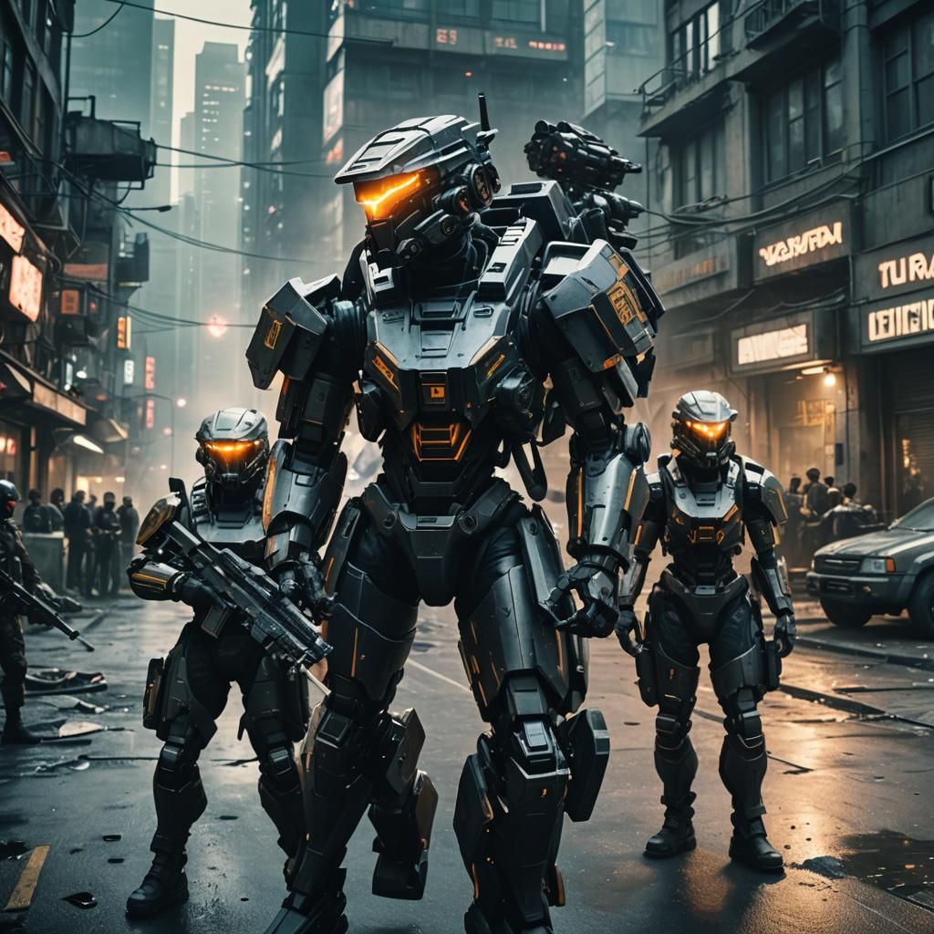 Cyberpunk Soldiers in Futuristic City Film Still