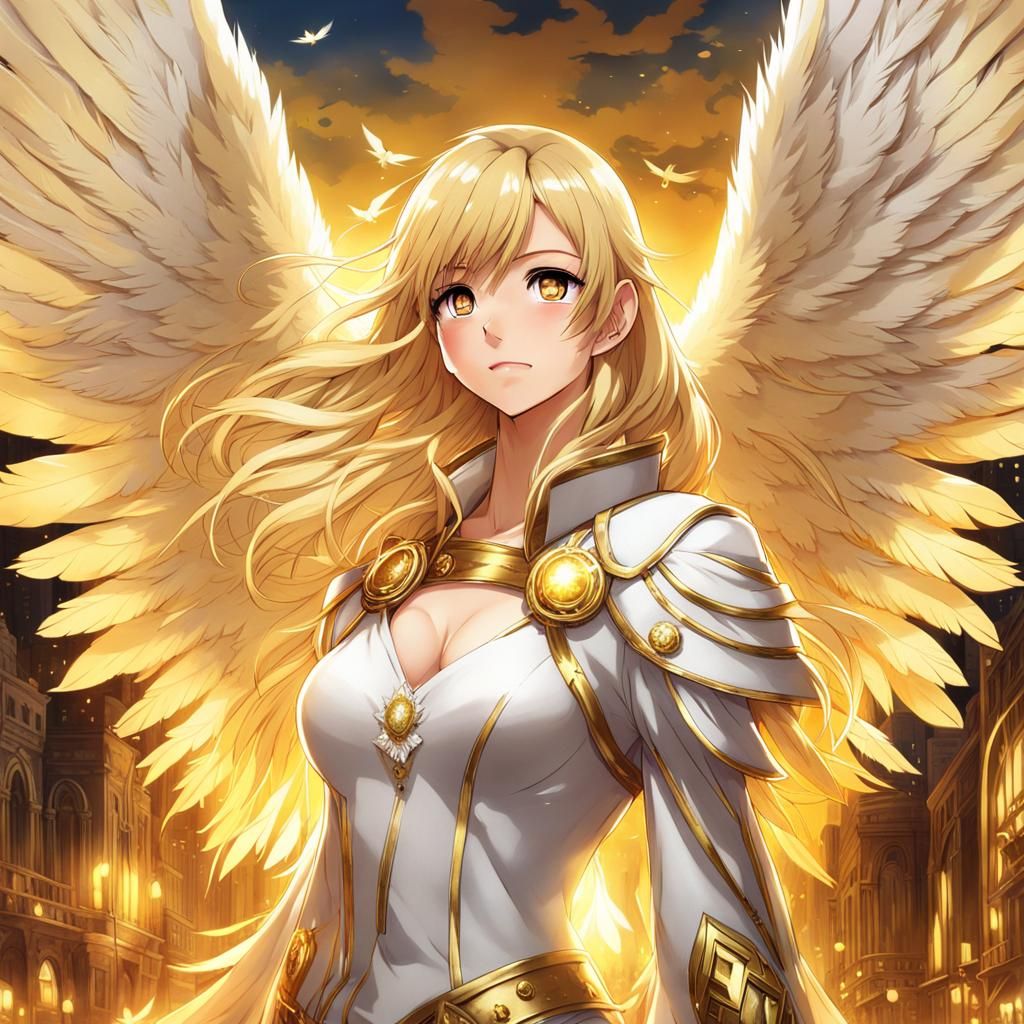 Golden Angel in Anime Style Cityscape