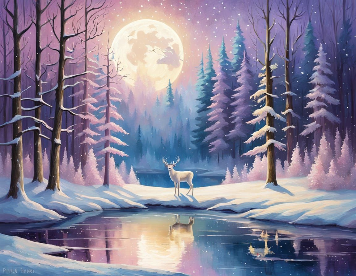 Majestic White Deer by Moonlit Lake in Snowy Forest