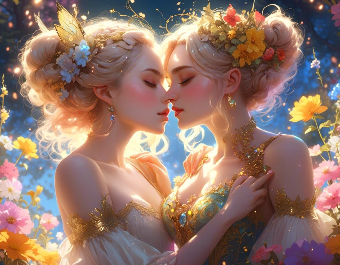 Two Women Kissing in Animated Fantasy Style