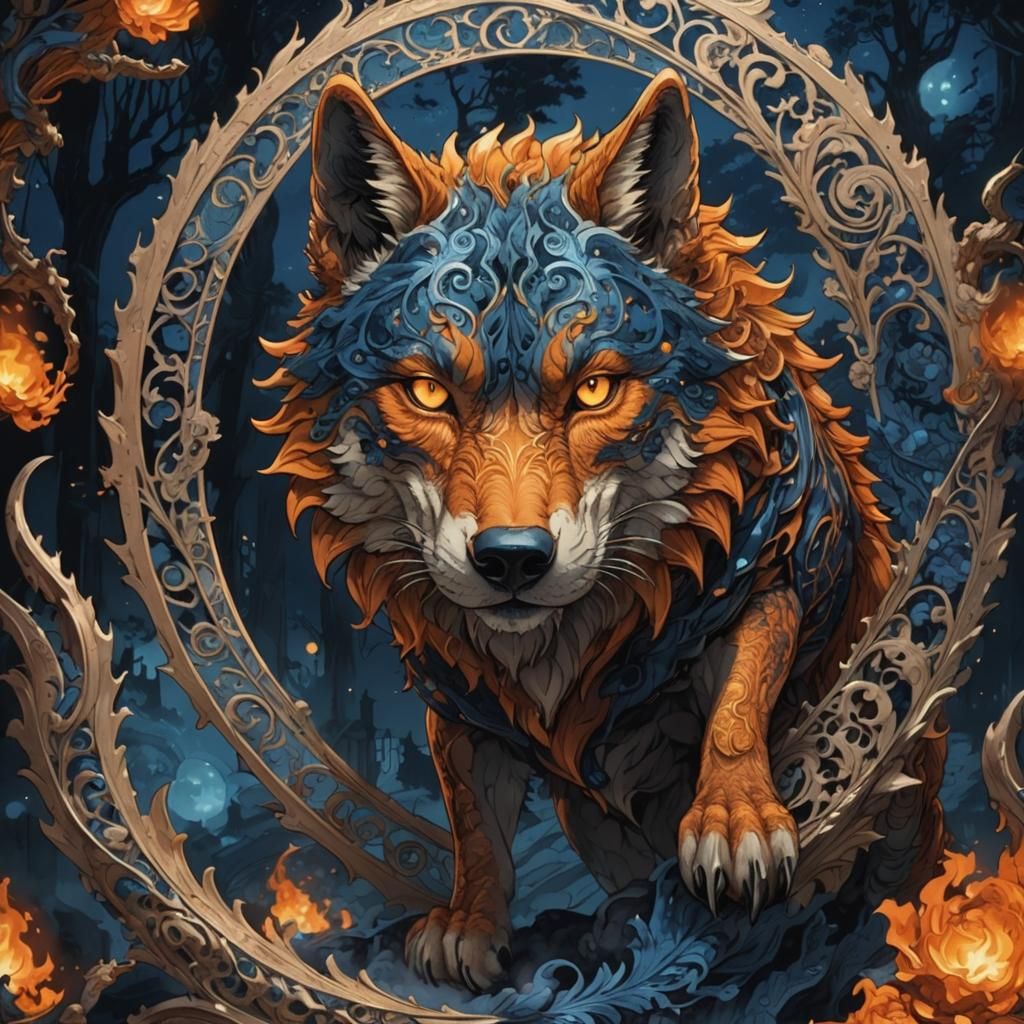 Wolf Encircled by Dragon in Filigree Style