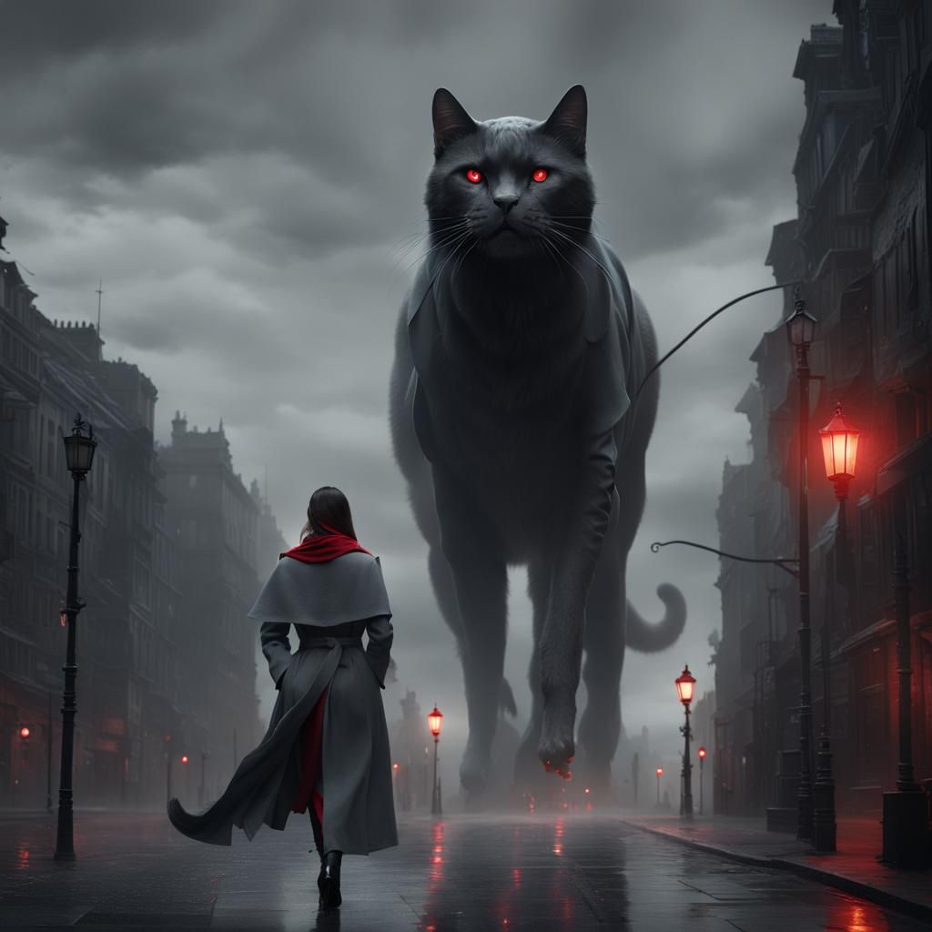 Woman Meets Giant Cat in a City Street
