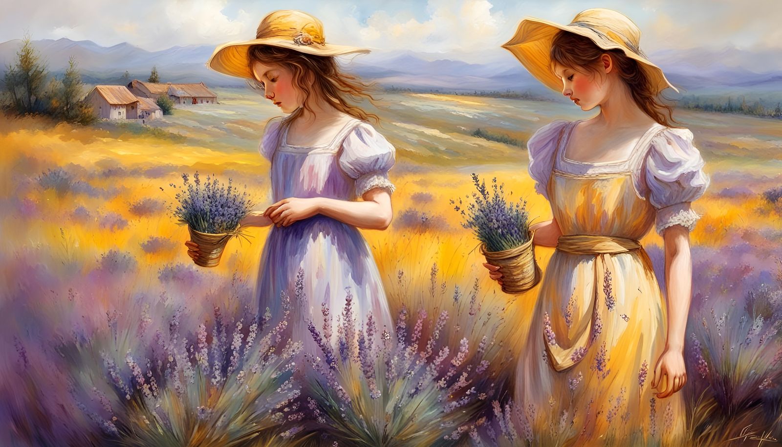 Girls Picking Lavender Field: Vintage Style Photo