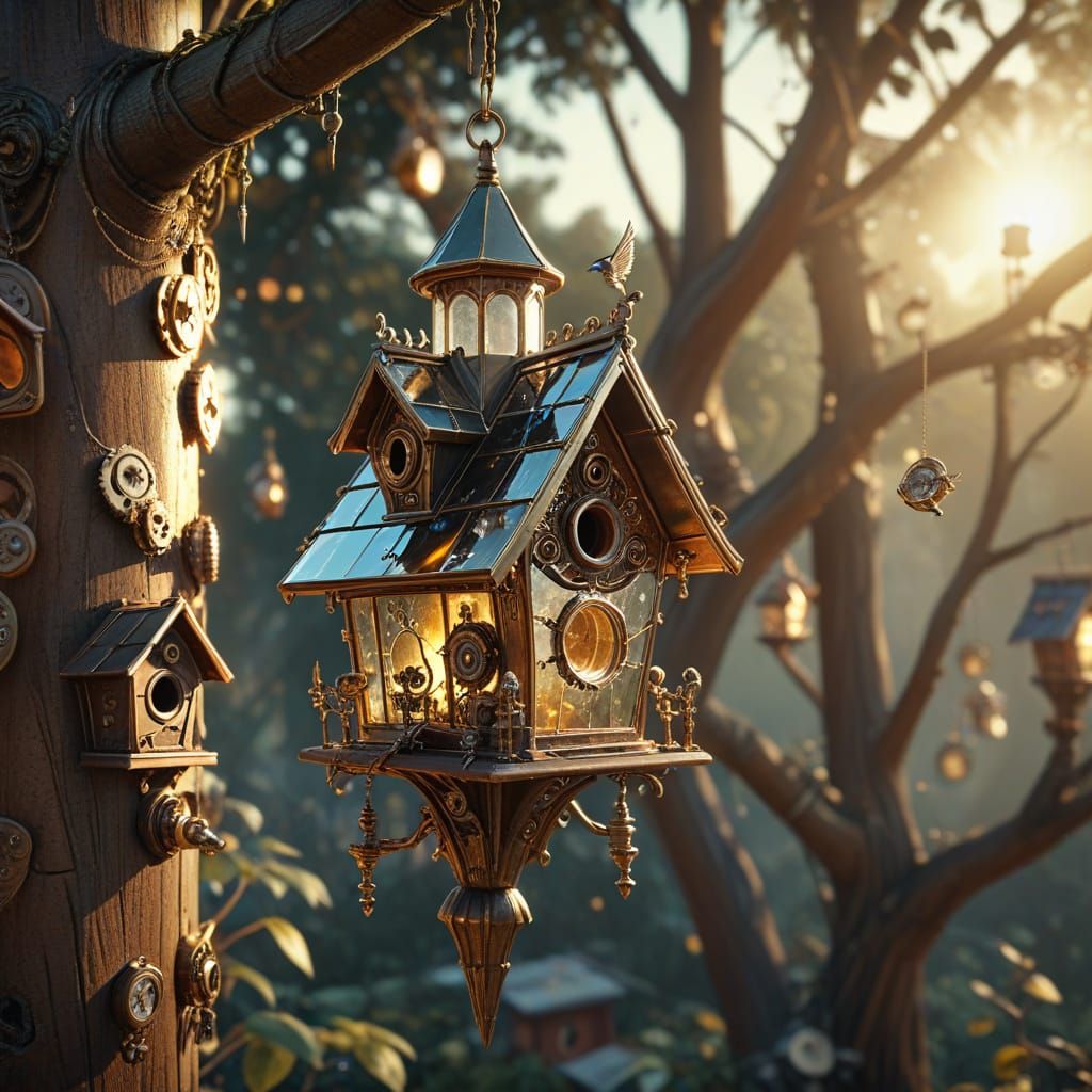 Steampunk Birdhouses with Gears and Brass Details