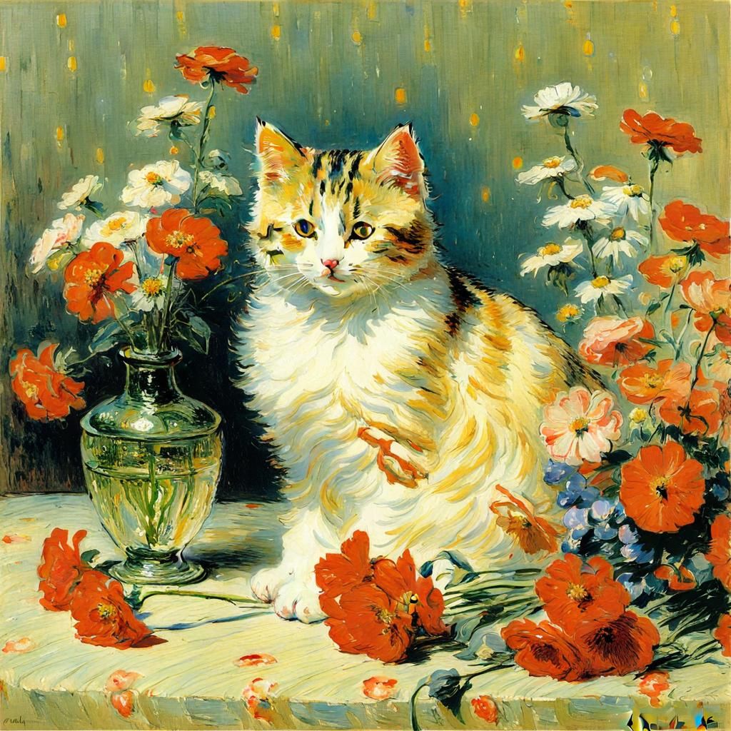 Impressionistic Cat Surrounded by Flowers and Lights