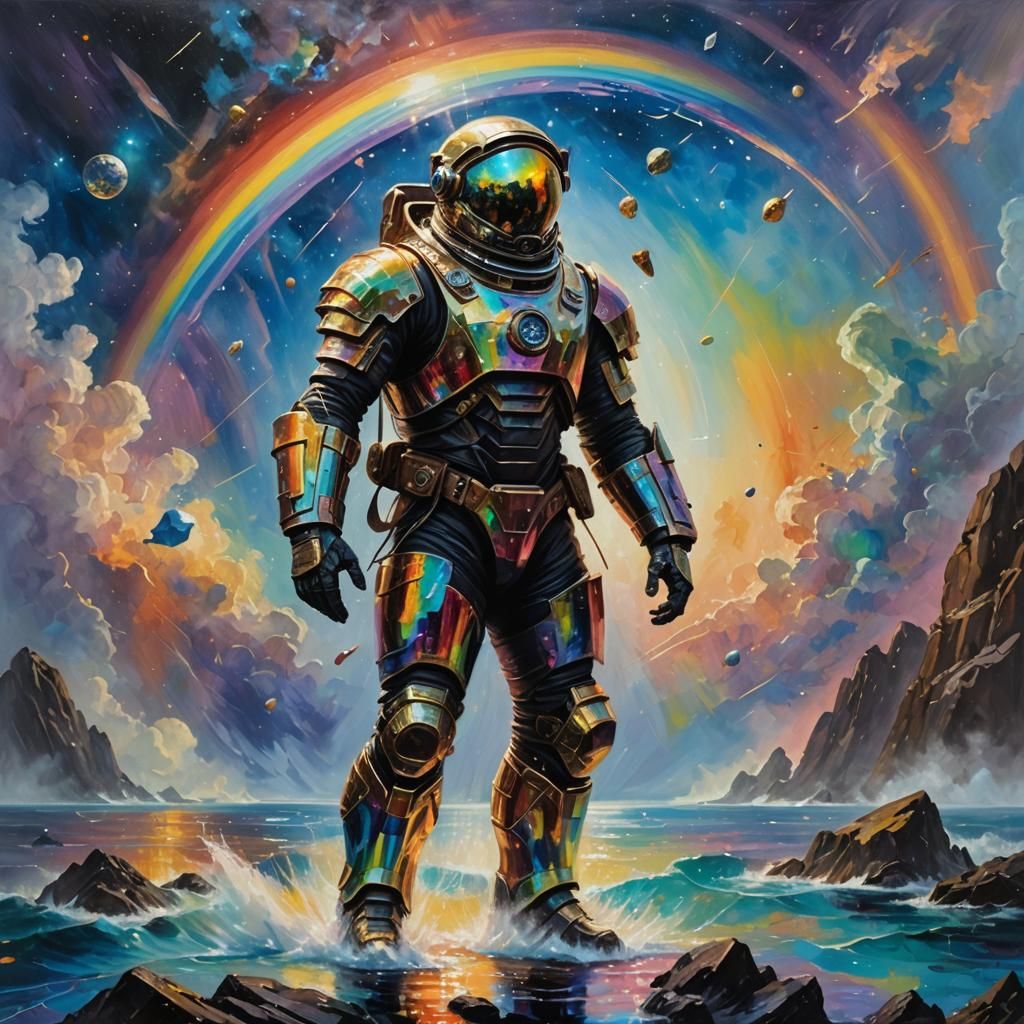 Celestial Mariner Navigates Cosmic Sea in Oil Painting