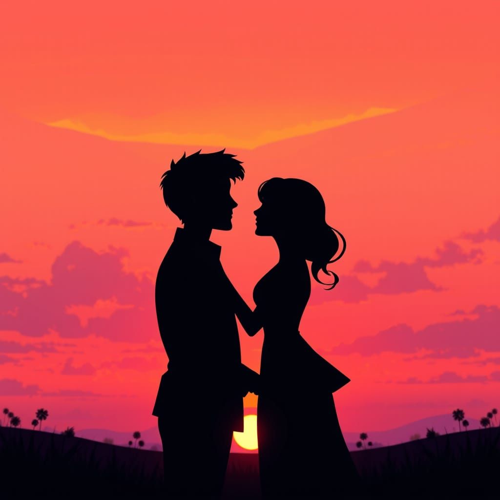 Couple Embracing at Sunset in Heart Silhouette