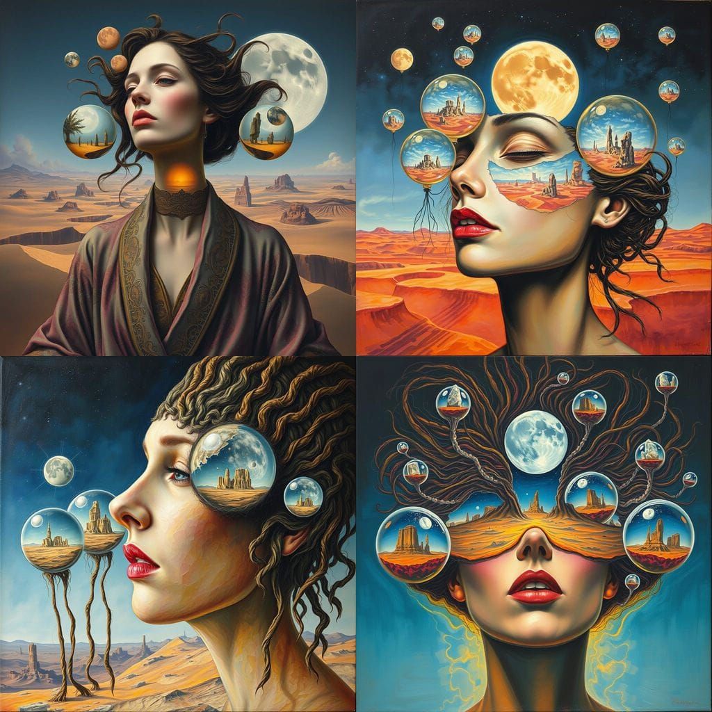 Surreal Desert Portrait in Oil-Textured Spheres